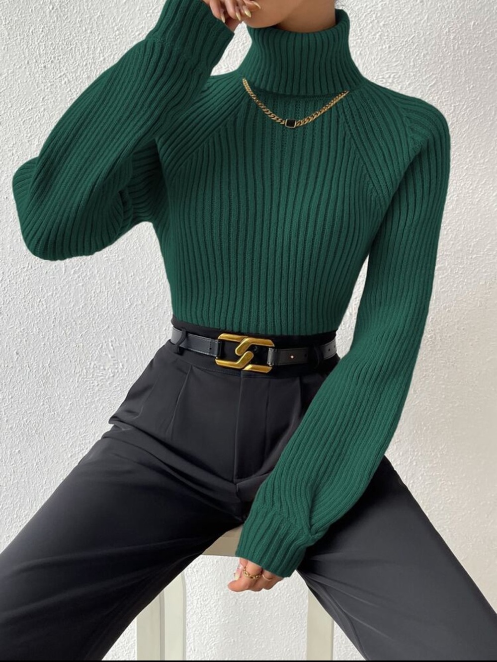 High Neck Ribbed Green Sweater - Picture 3 of 6